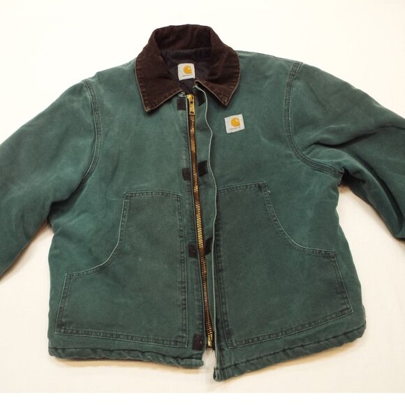 Vintage Carhartt Green Chore Work Jacket Brown Corduroy Collar Fits Like Medium - Picture 9 of 13